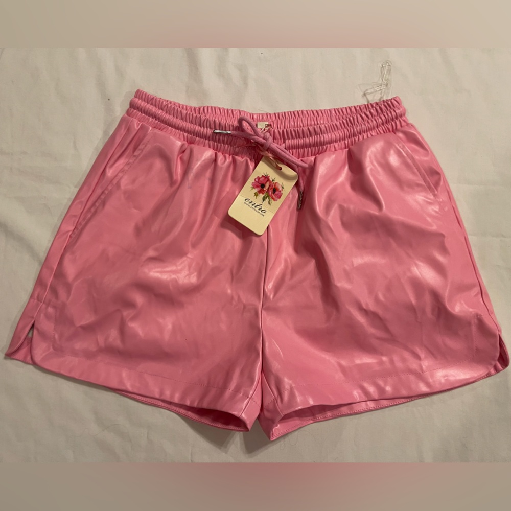Entro Pink Pleather Shorts Drawstring Pockets Faux Leather Barbie Small NEW READ